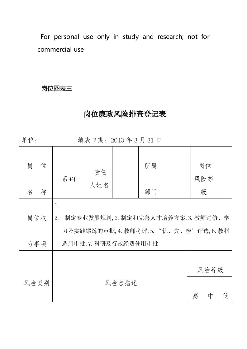 廉政风险防控系主任岗位廉政风险排查登记表