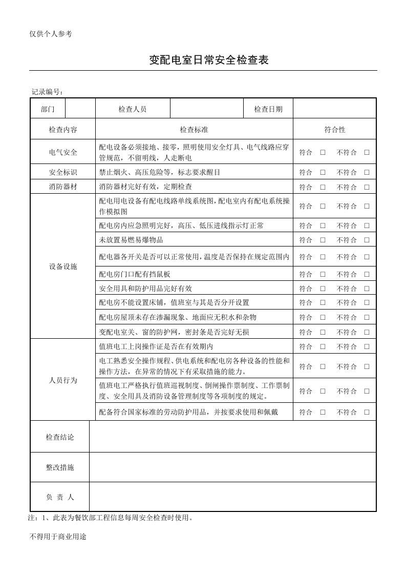 变配电室日常安全检查表