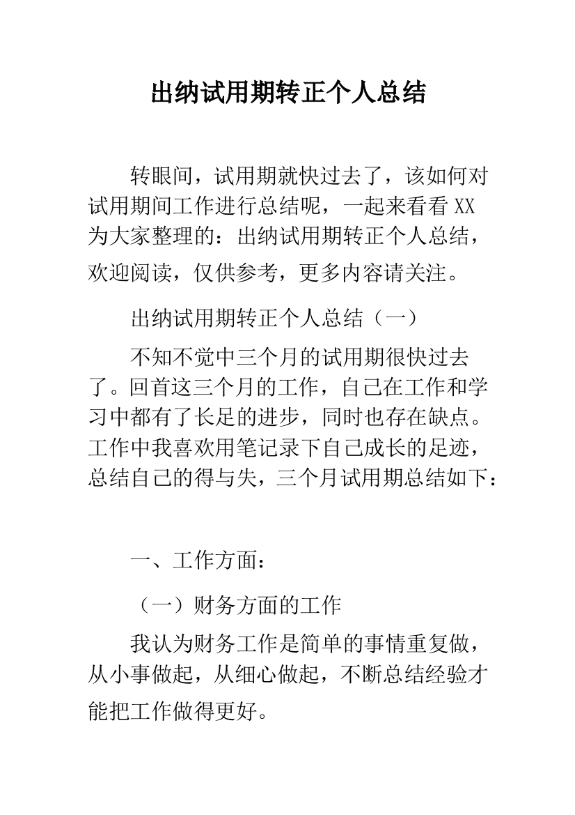 出纳试用期转正个人总结