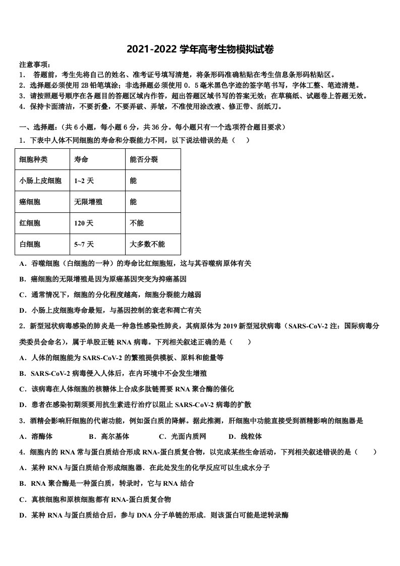 2022年福建省莆田四中、莆田六中高三第三次测评生物试卷含解析