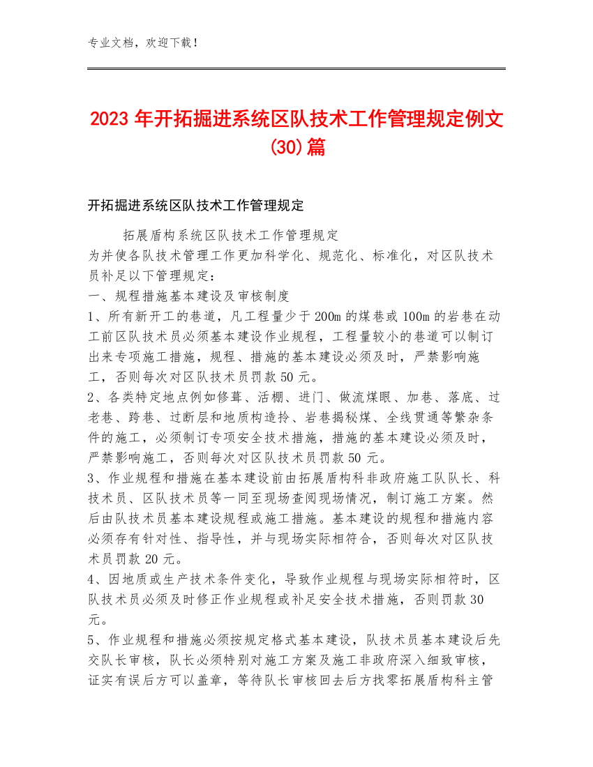 2023年开拓掘进系统区队技术工作管理规定例文(30)篇