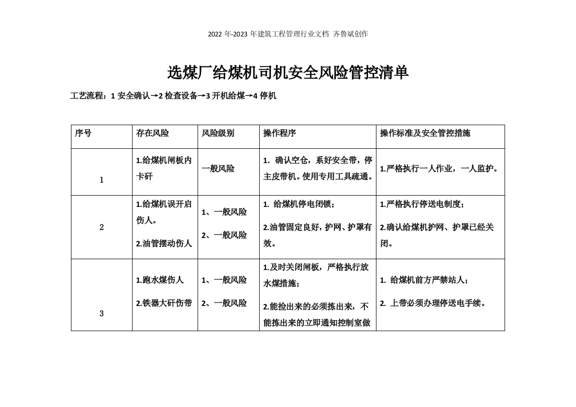 赵庄煤业地面及井下辅助单位安全风险管控清单（DOC43页）