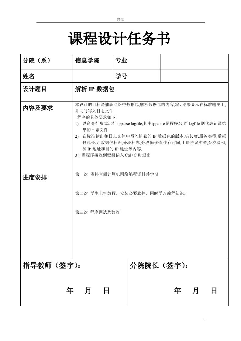 解析IP数据包课程设计（精品doc）