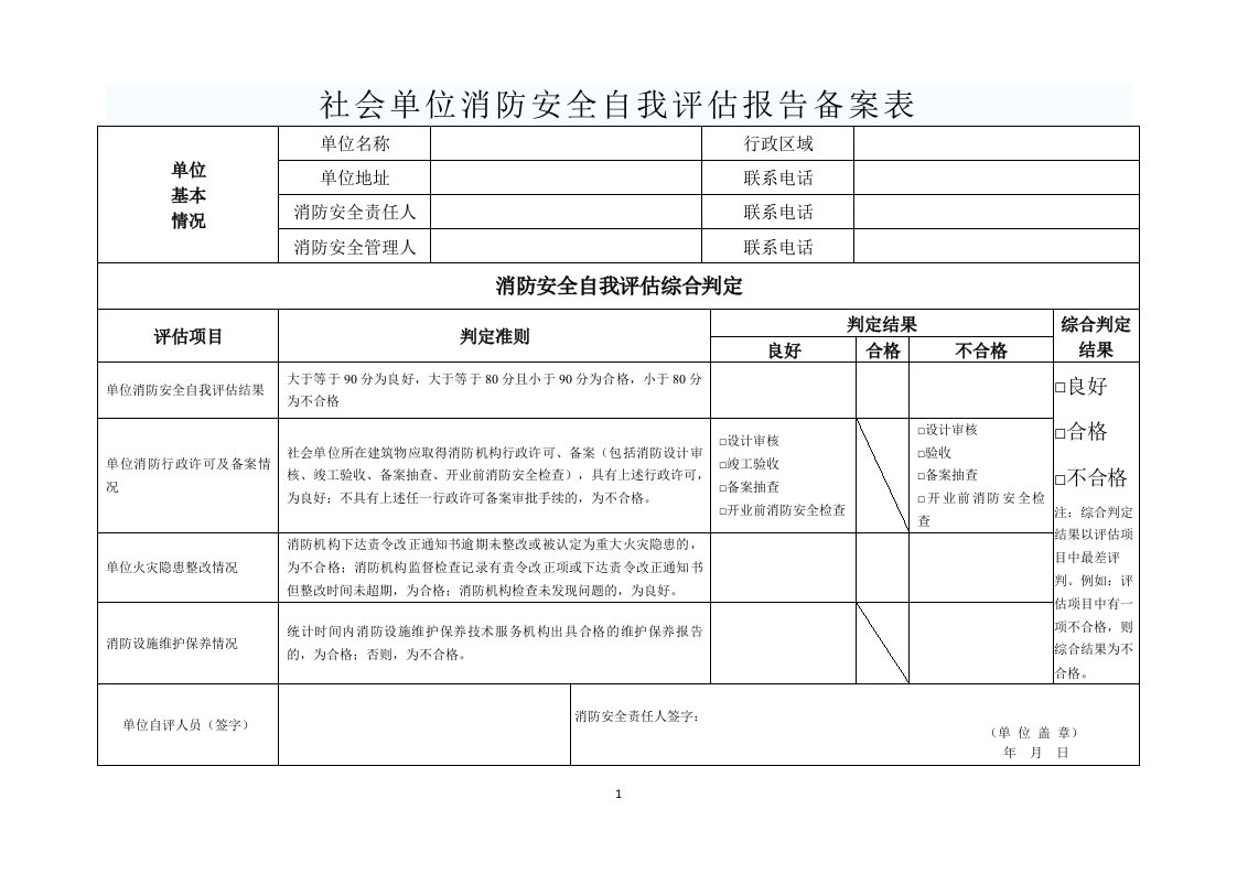 社会及单位消防安全自我评估报告备案表