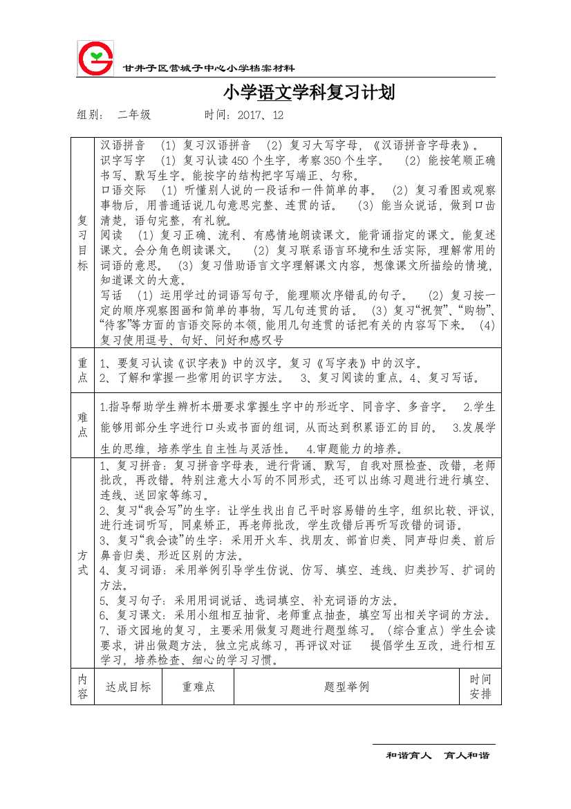 (完整)部编2年级上语文复习计划非常实用