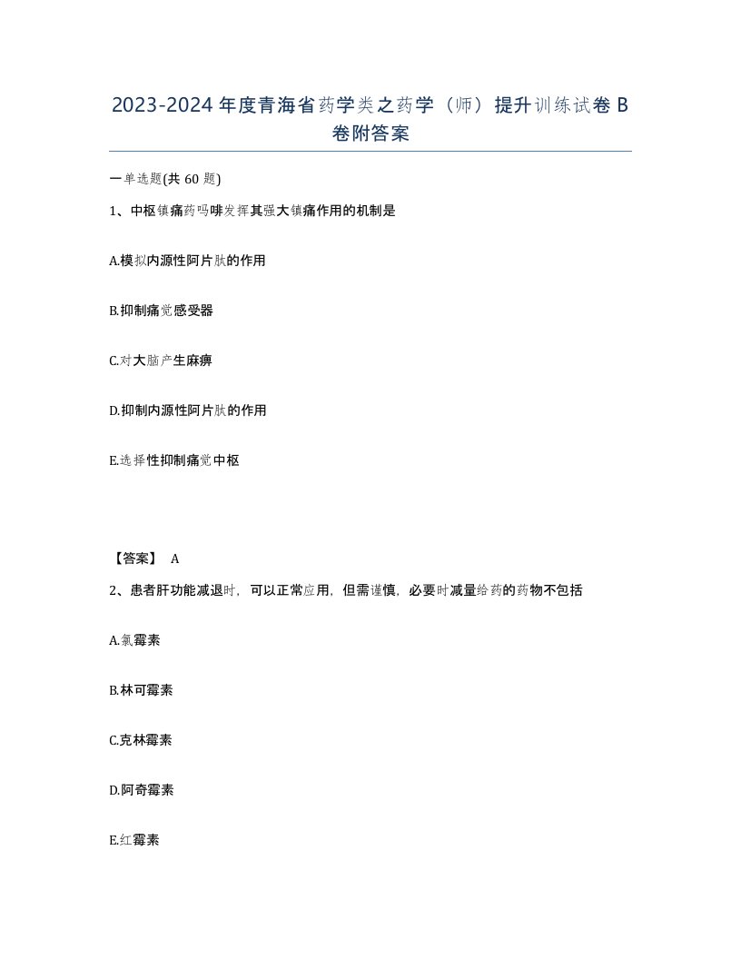 2023-2024年度青海省药学类之药学师提升训练试卷B卷附答案