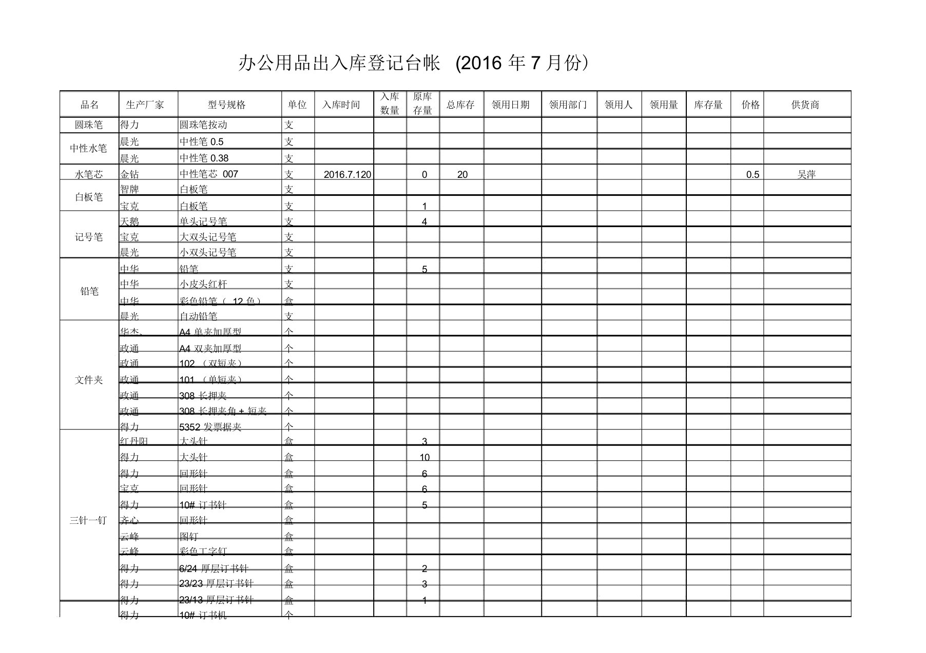 办公用品出入库登记台帐