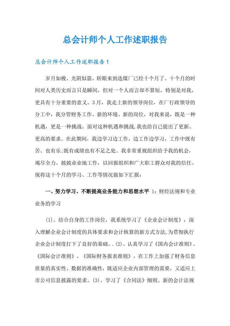 总会计师个人工作述职报告