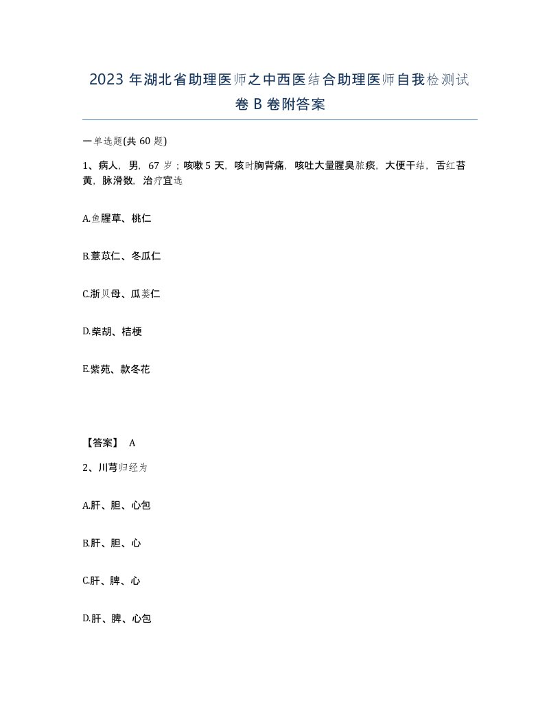 2023年湖北省助理医师之中西医结合助理医师自我检测试卷B卷附答案