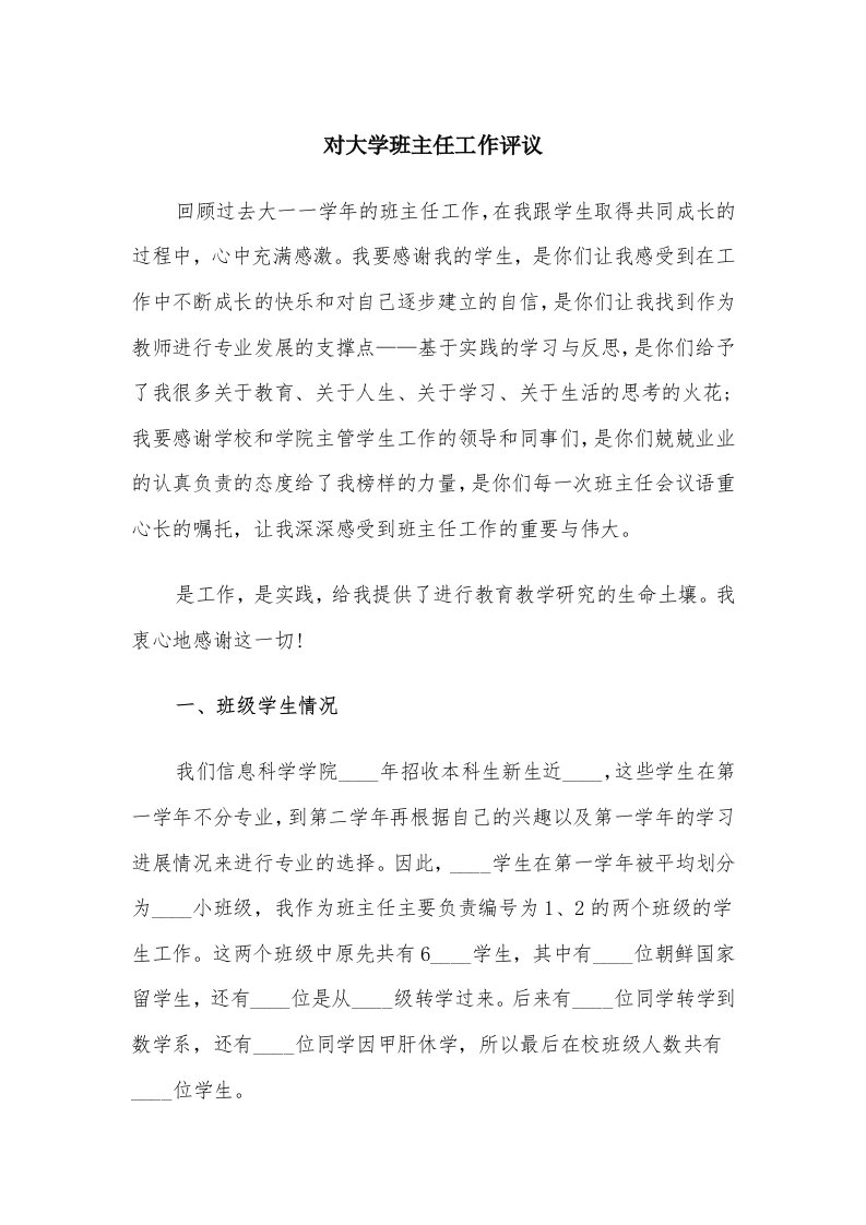 对大学班主任工作评议