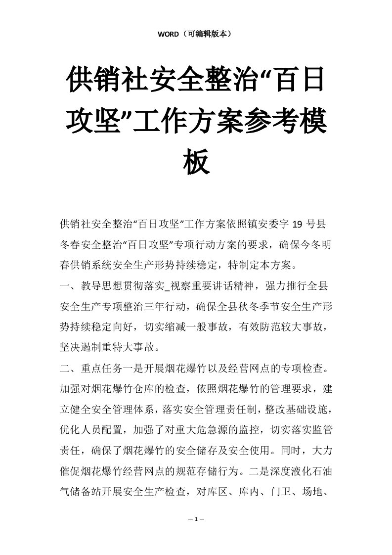 供销社安全整治“百日攻坚”工作方案参考模板