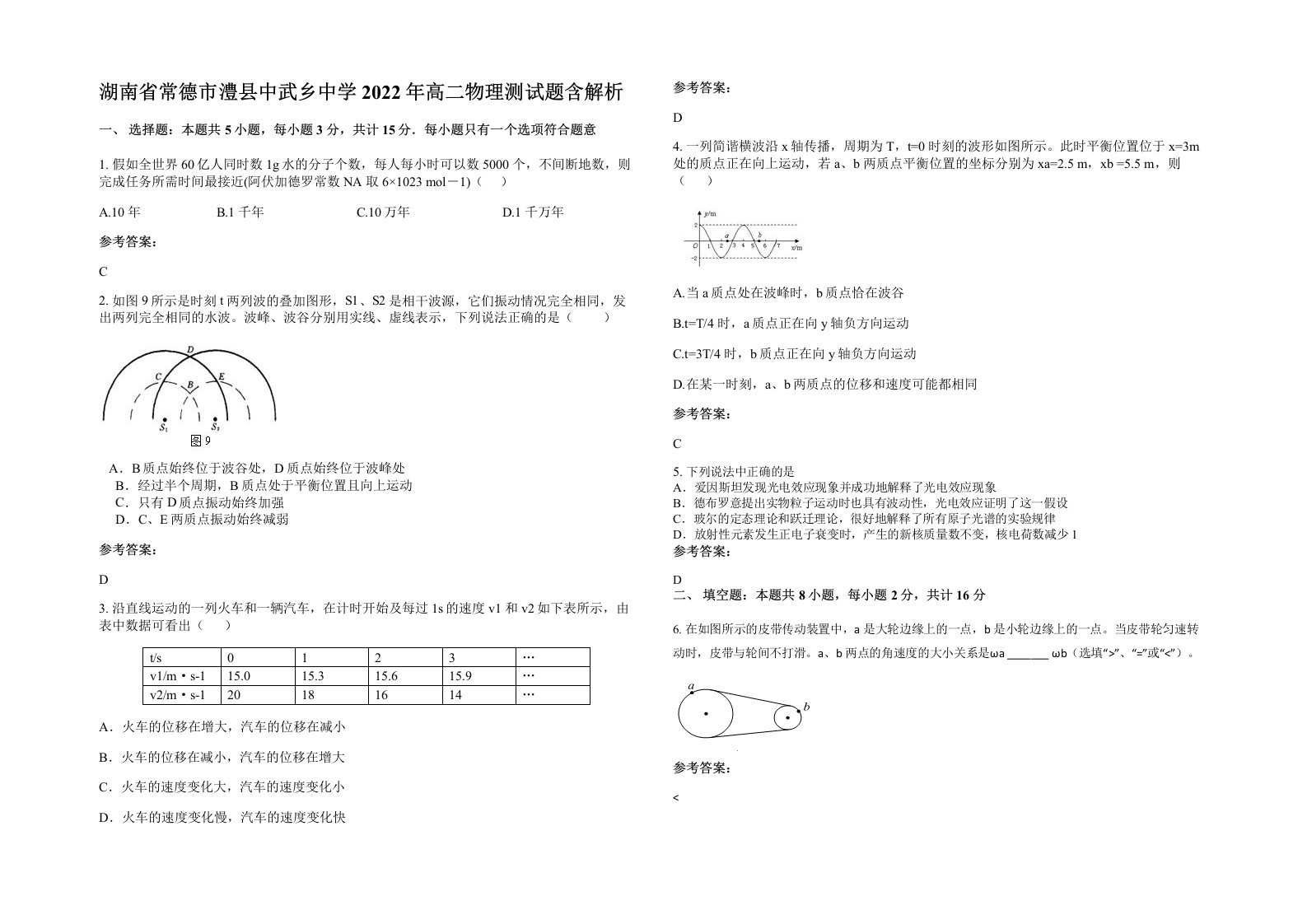 湖南省常德市澧县中武乡中学2022年高二物理测试题含解析