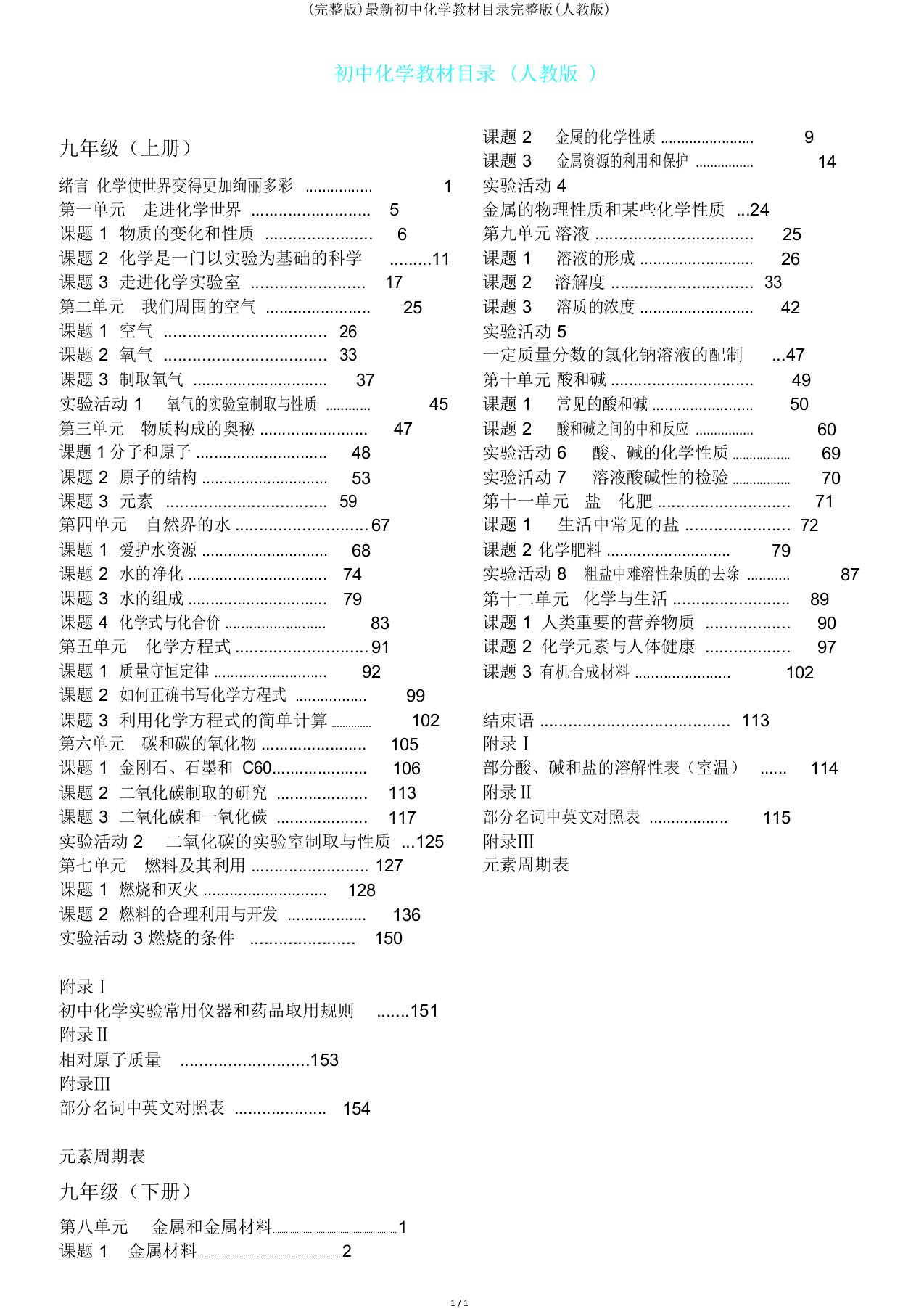 初中化学教材目录(人教版)