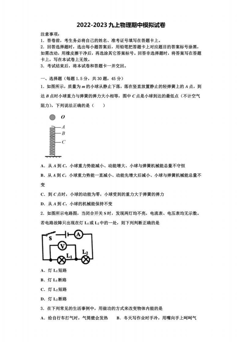 2022-2023学年黑龙江省大庆市林甸县物理九年级上册期中复习检测试题含解析