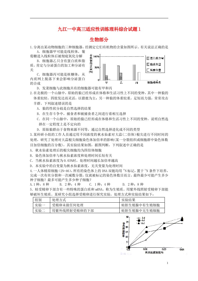 江西省九江一中高三理综（生物部分）适应性训练试题（一）（无答案）