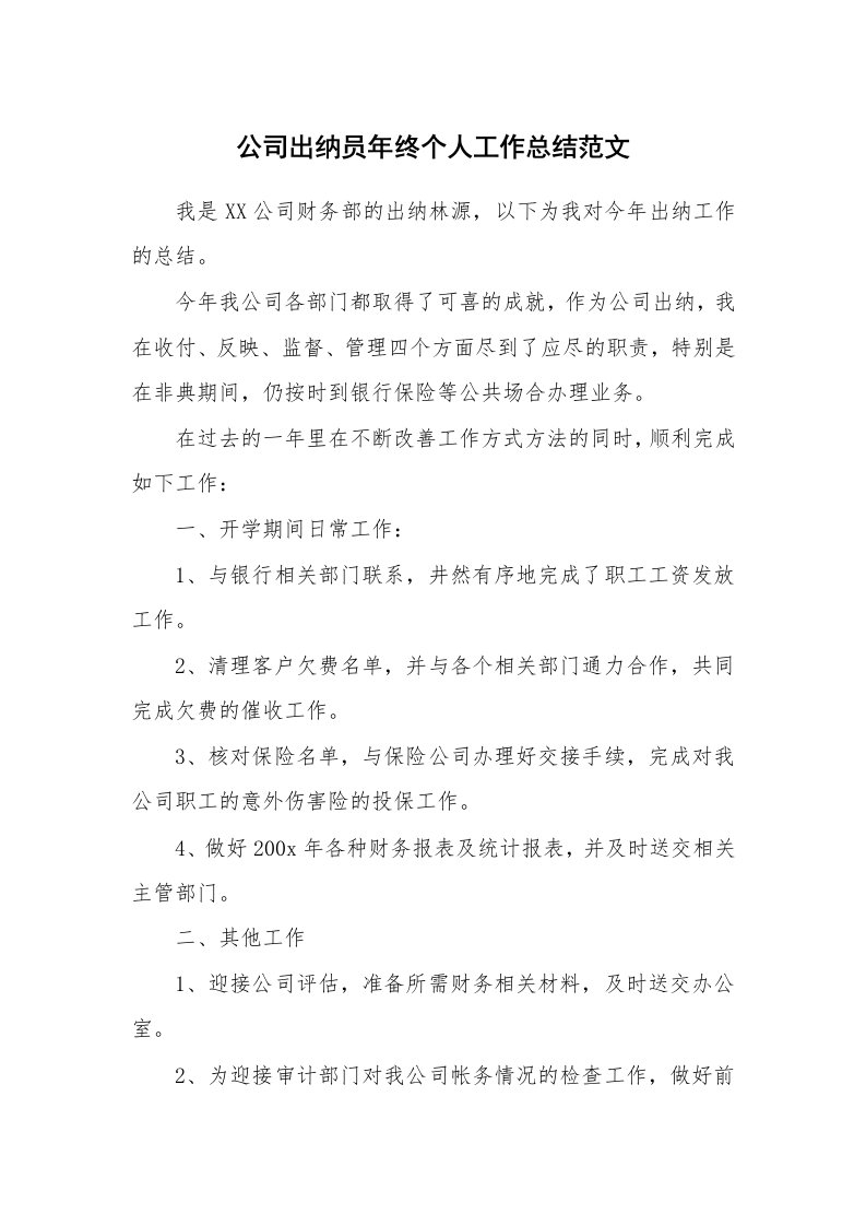 公司出纳员年终个人工作总结范文