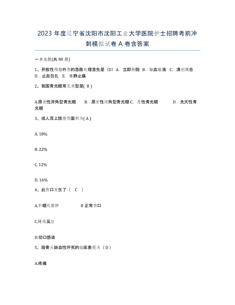 2023年度辽宁省沈阳市沈阳工业大学医院护士招聘考前冲刺模拟试卷A卷含答案