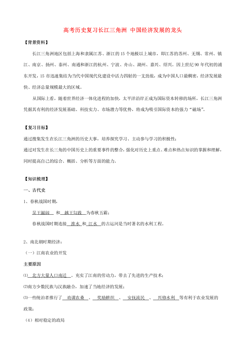 高考历史复习长江三角洲