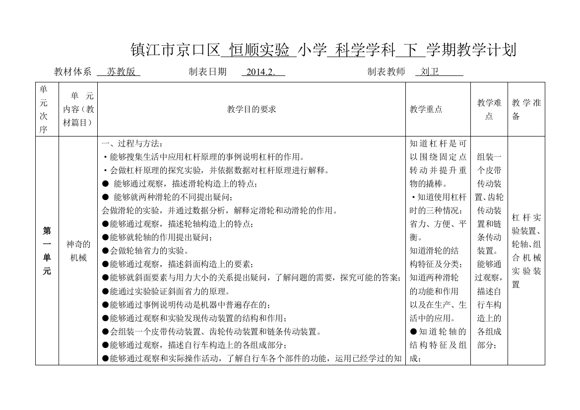 五下科学计划表