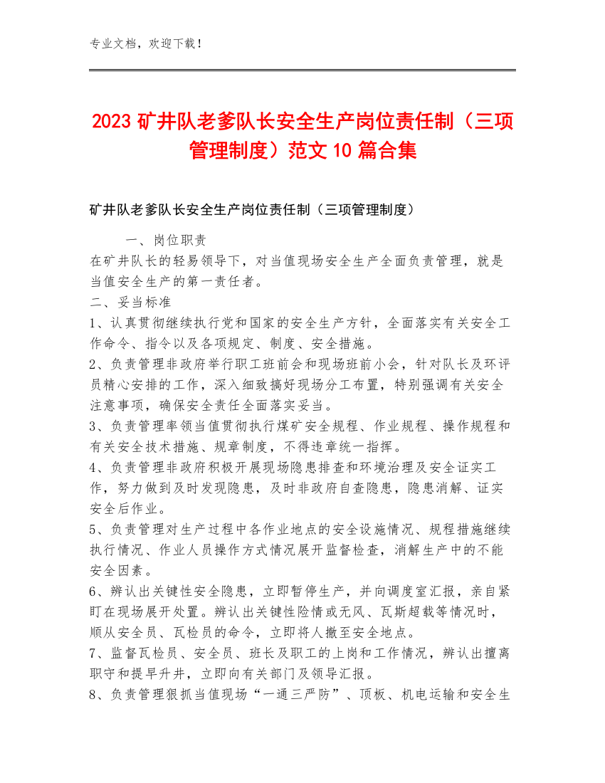 2023矿井队老爹队长安全生产岗位责任制（三项管理制度）范文10篇合集