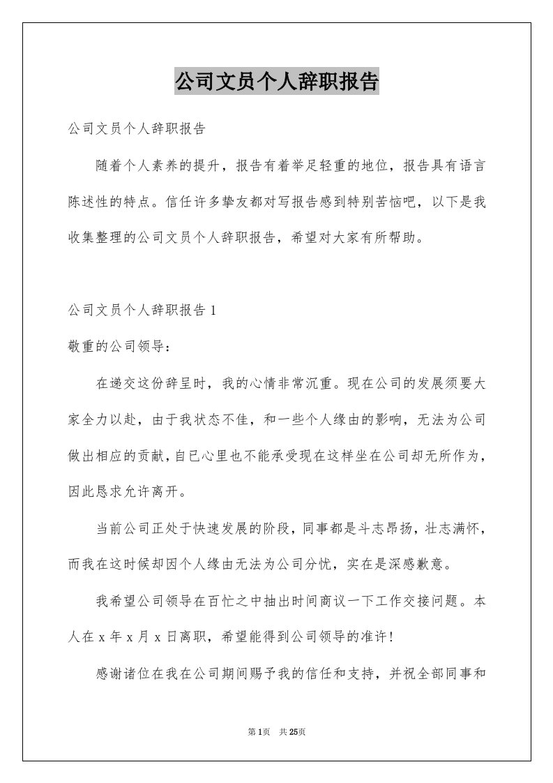 公司文员个人辞职报告例文