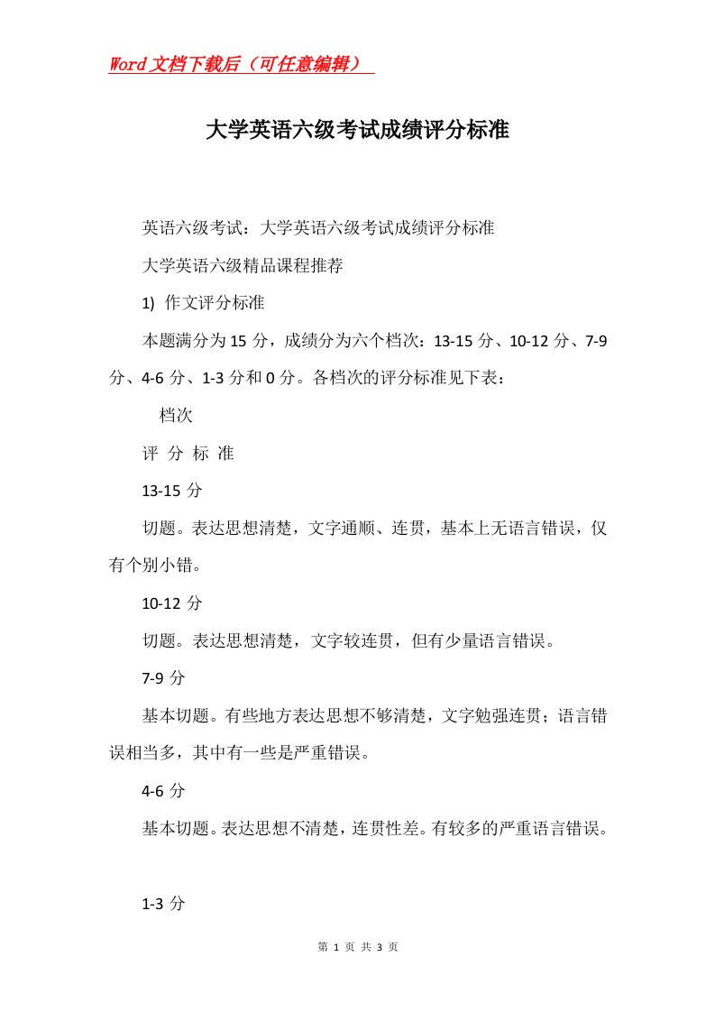 大学英语六级考试成绩评分标准