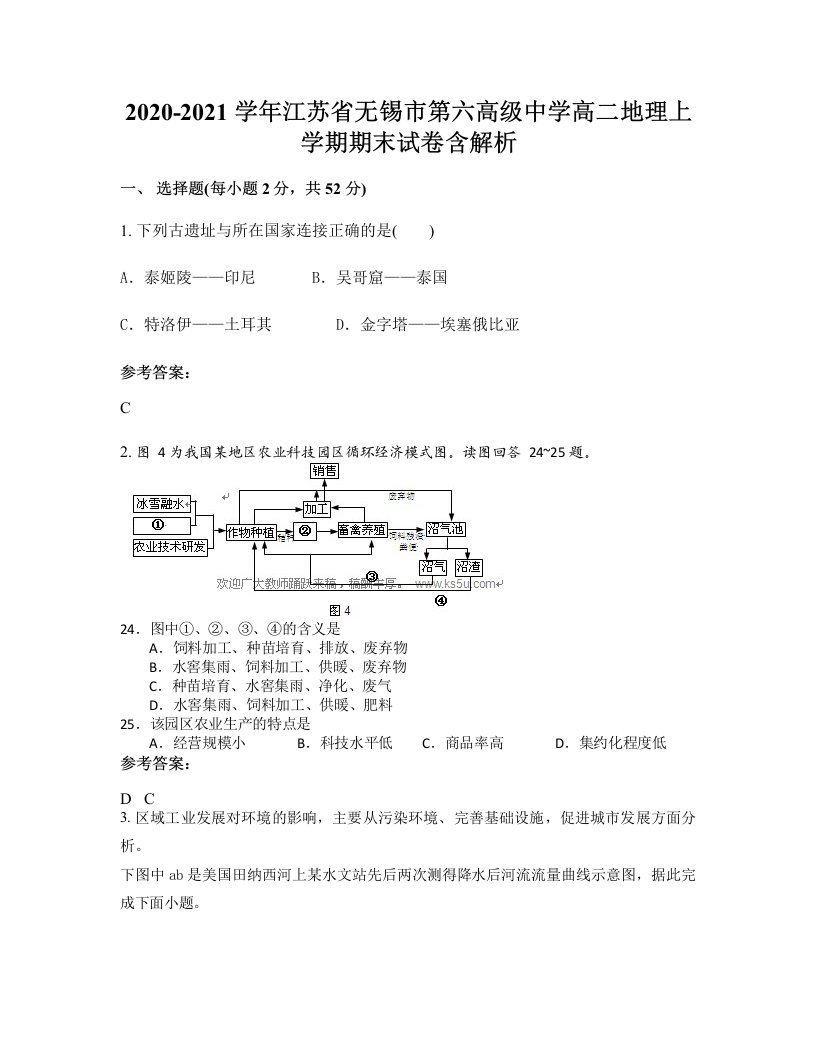 2020-2021学年江苏省无锡市第六高级中学高二地理上学期期末试卷含解析