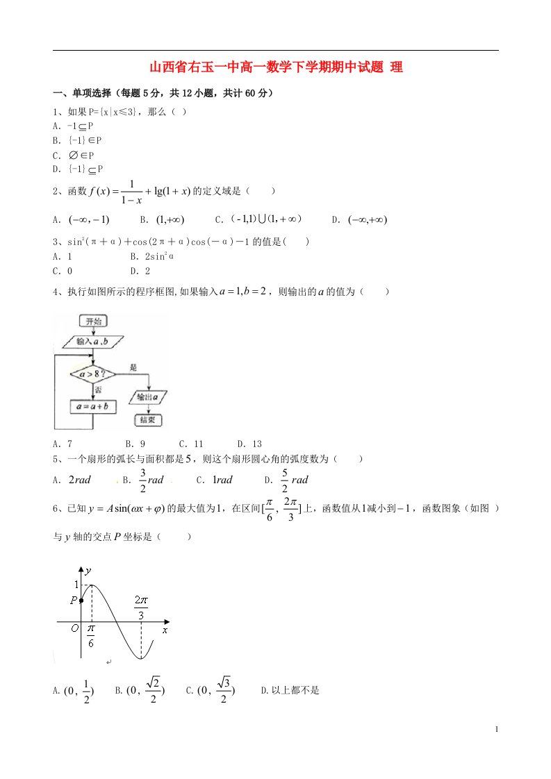 山西省右玉一中高一数学下学期期中试题