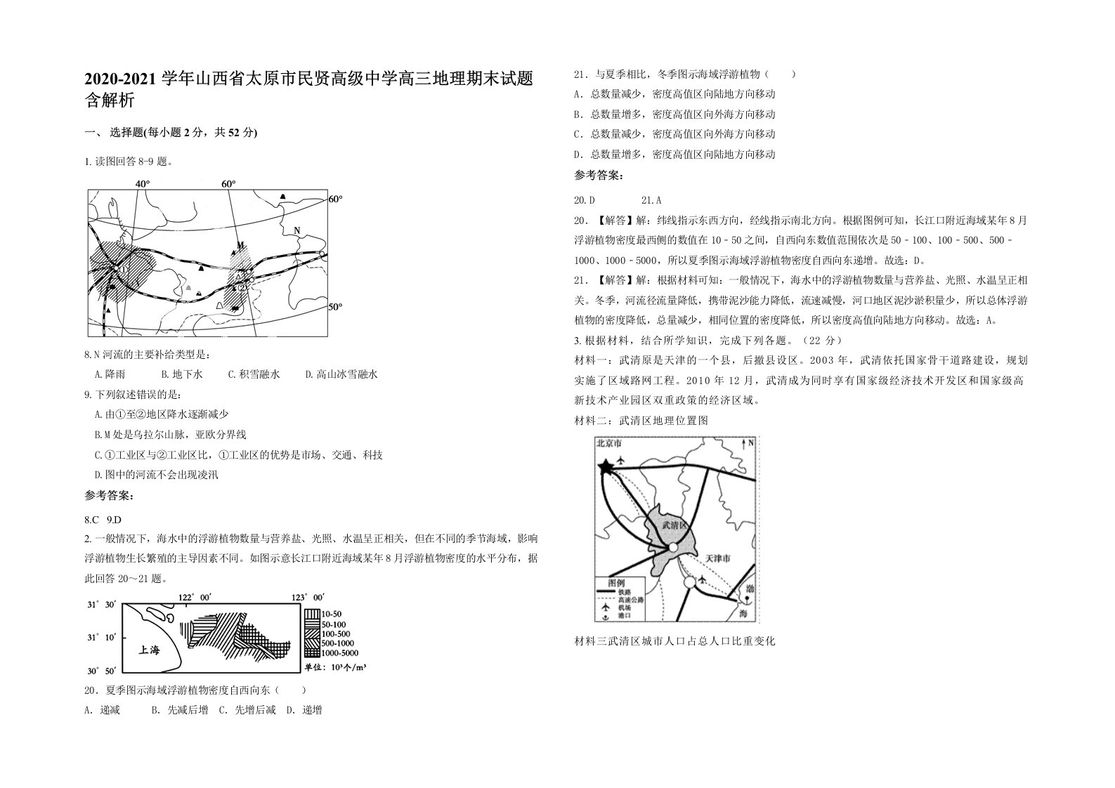 2020-2021学年山西省太原市民贤高级中学高三地理期末试题含解析