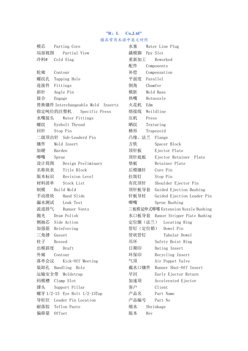 模具常用术语中英文对照表