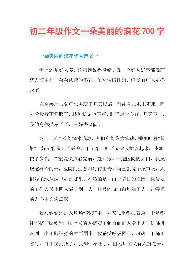 初二年级作文一朵美丽的浪花700字