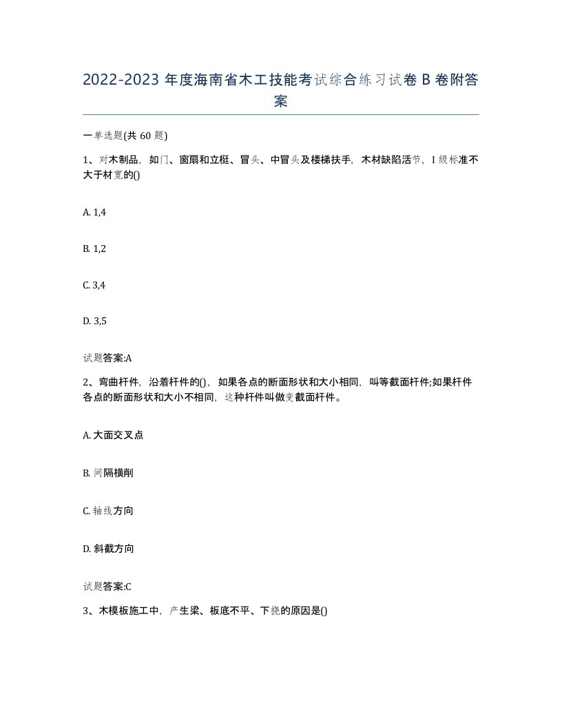 20222023年度海南省木工技能考试综合练习试卷B卷附答案