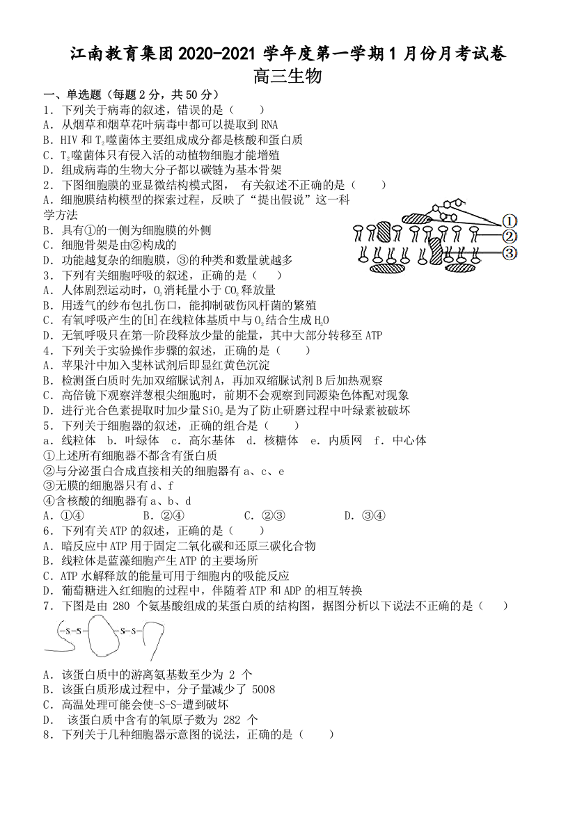 安徽省池州市江南教育集团2021届高三1月月考生物试题