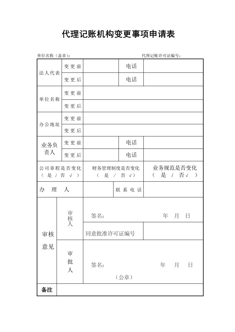 代理记账机构变更事项申请表