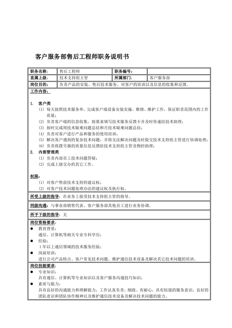 推荐-国安创想公司客户服务部售后工程师职务说明书