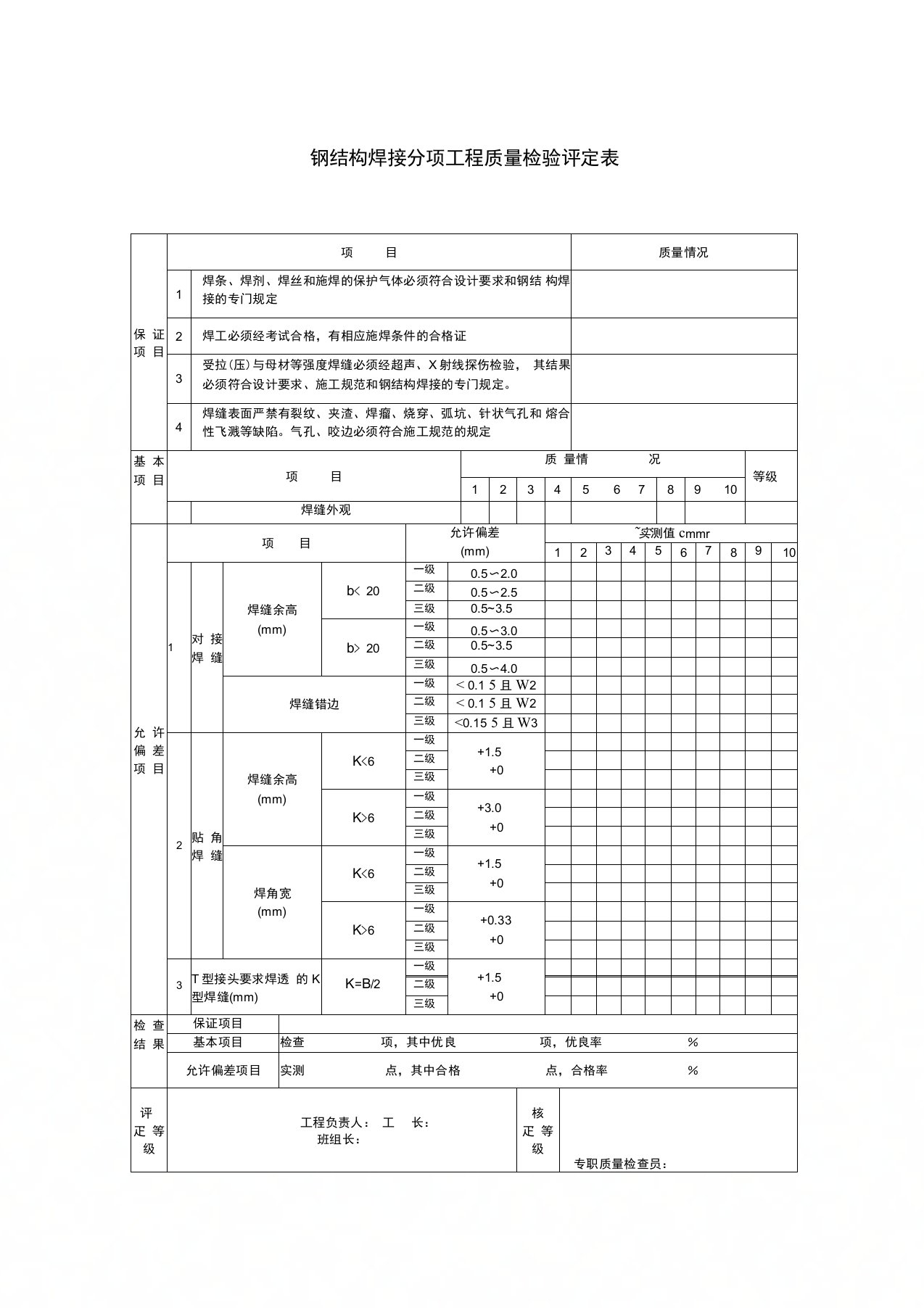 钢结构焊接分项工程质量检验评定表