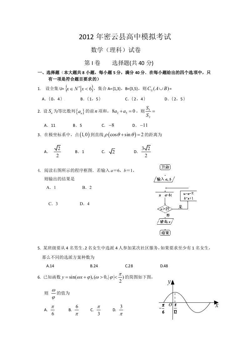 北京市密云县2012届高三下学期第一次模拟考试理科数学试题