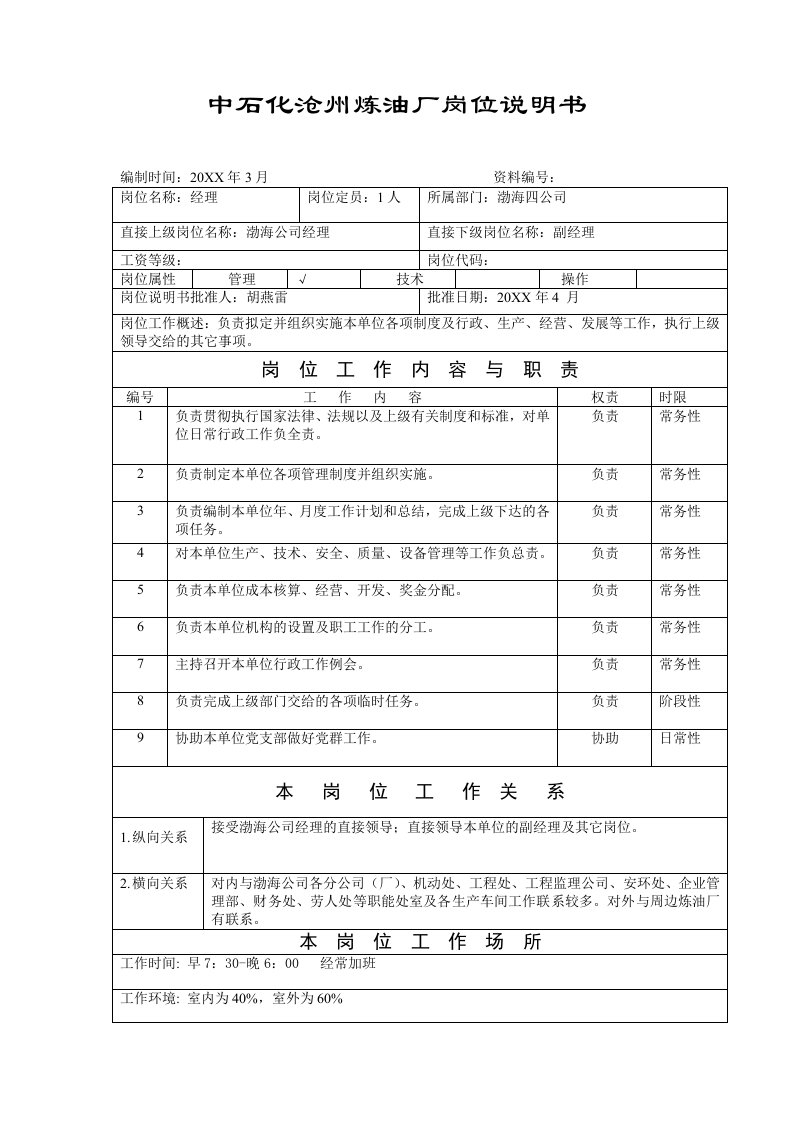 岗位职责-中石化沧州炼油厂岗位说明