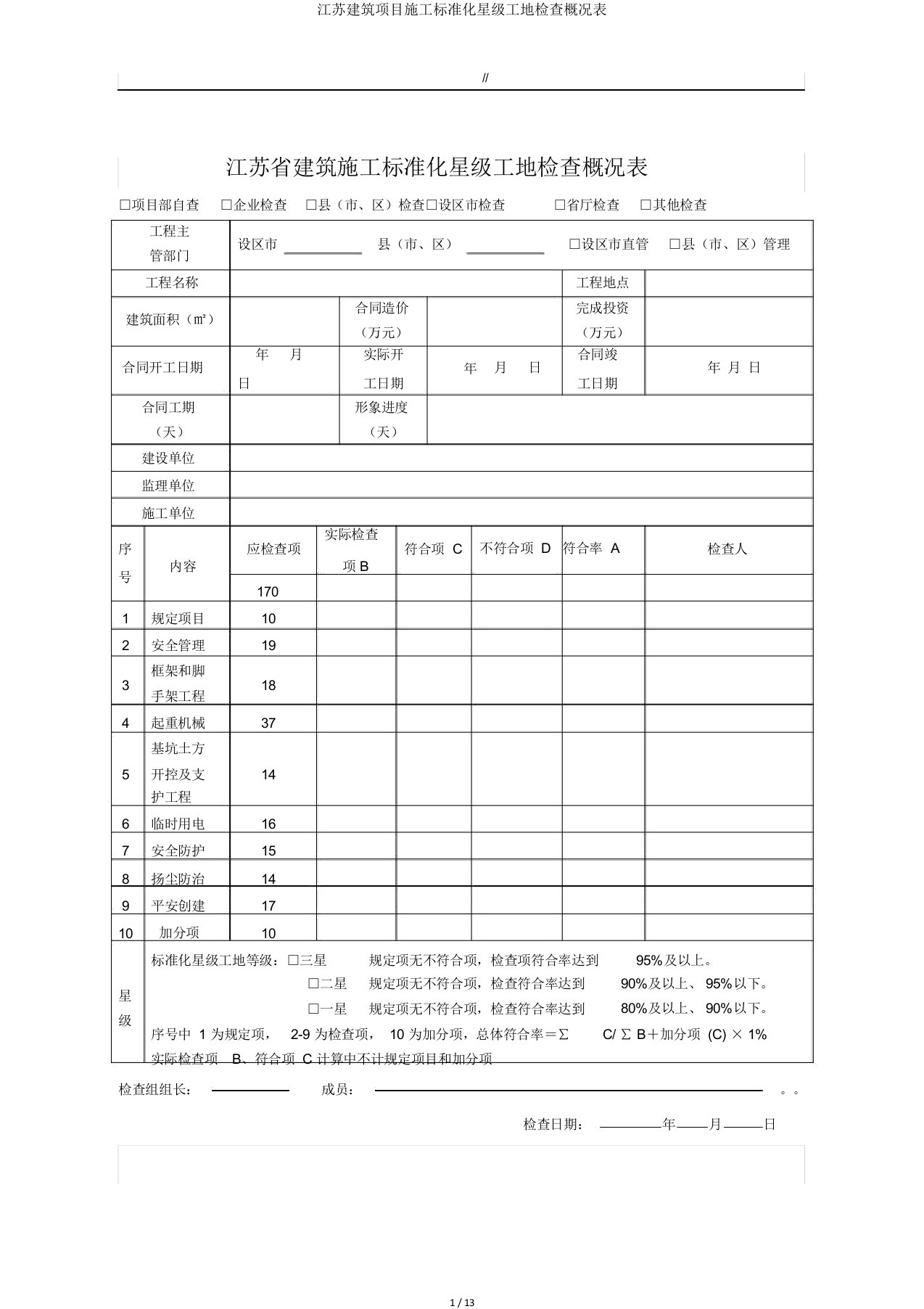 江苏建筑项目施工标准化星级工地检查概况表