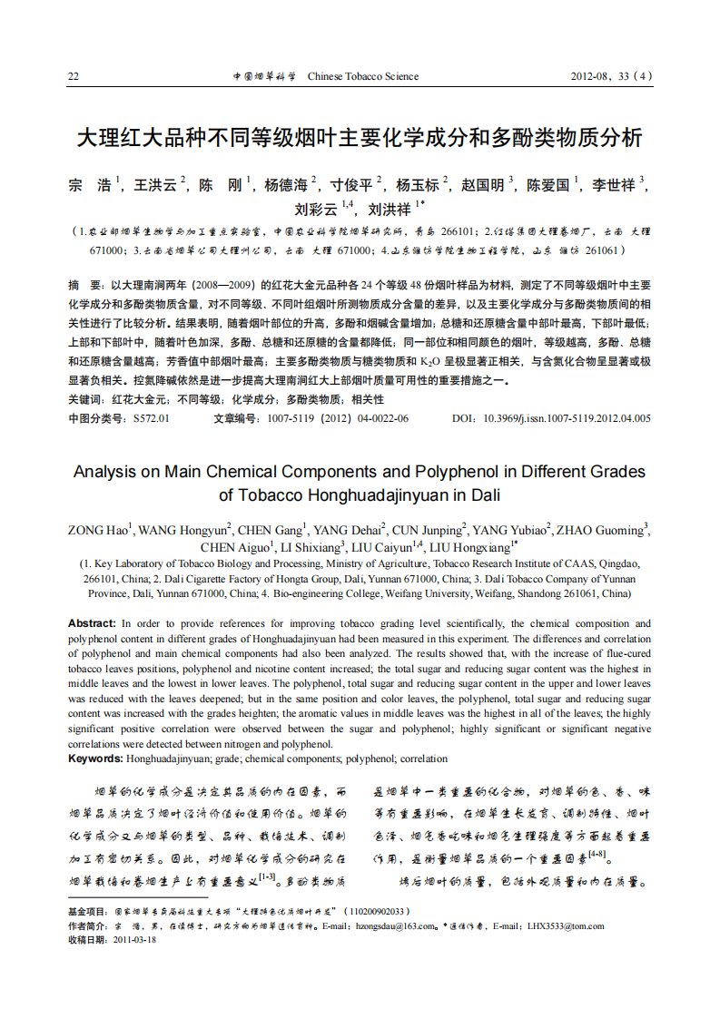 大理红大品种不同等级烟叶主要化学成分和多酚类物质分析.pdf