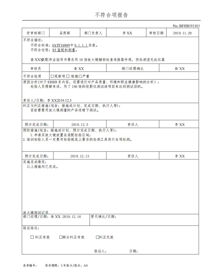 IATF16949不符合项报告+分布表+内审报告