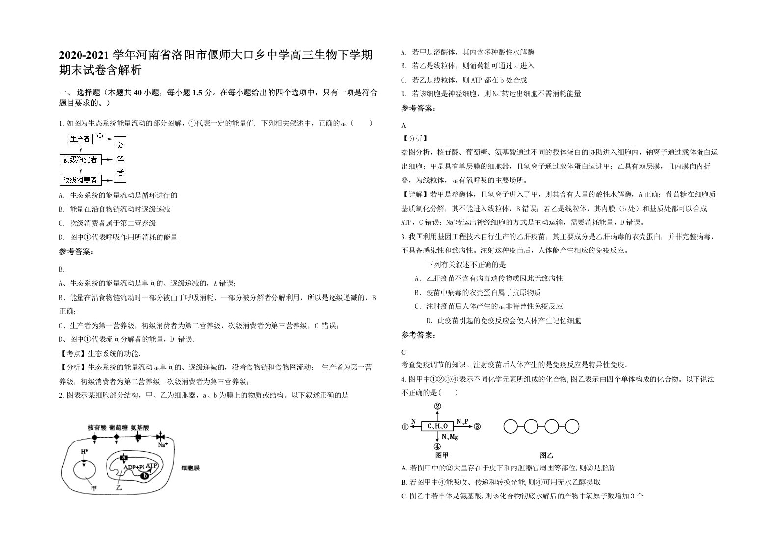 2020-2021学年河南省洛阳市偃师大口乡中学高三生物下学期期末试卷含解析