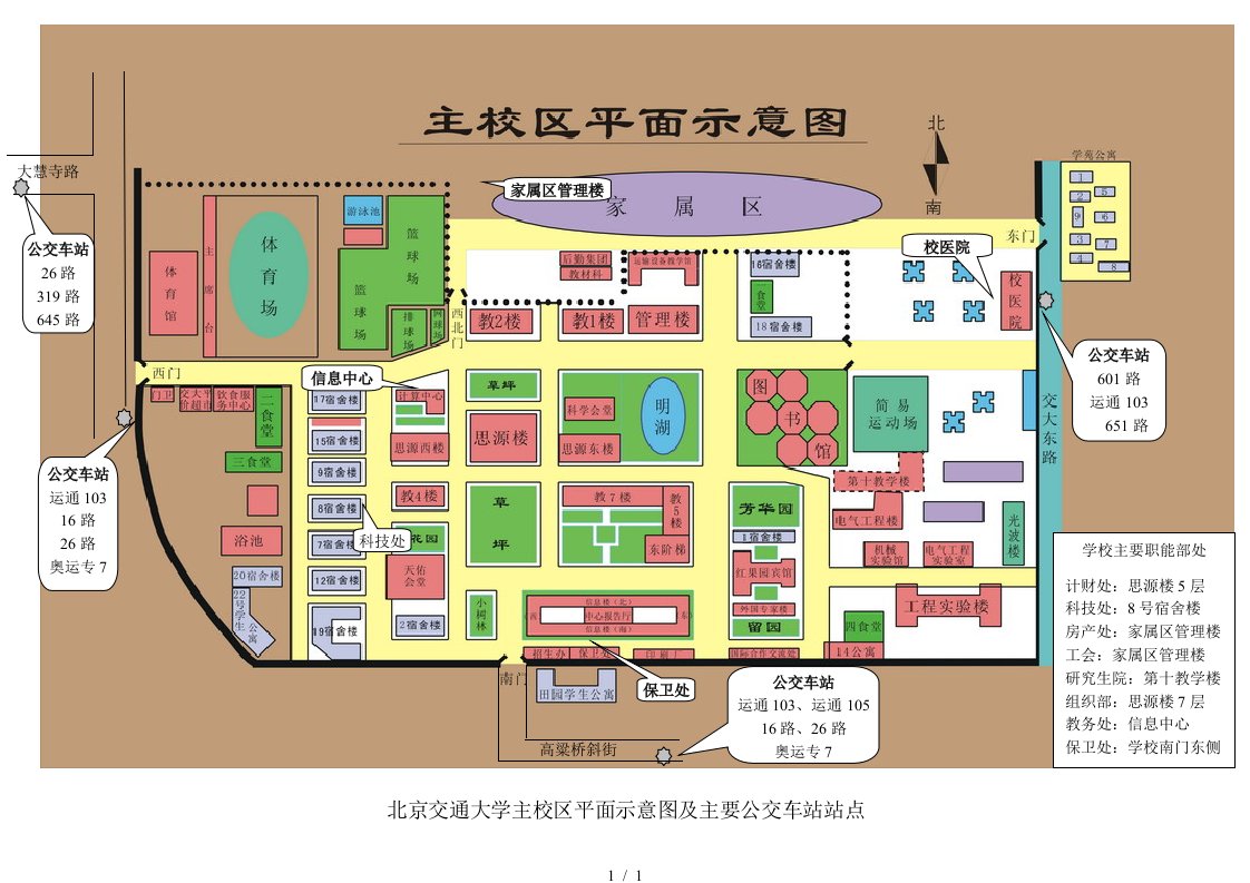 校园地图-北京交通大学主校区平面示意图及主要公交车站站点