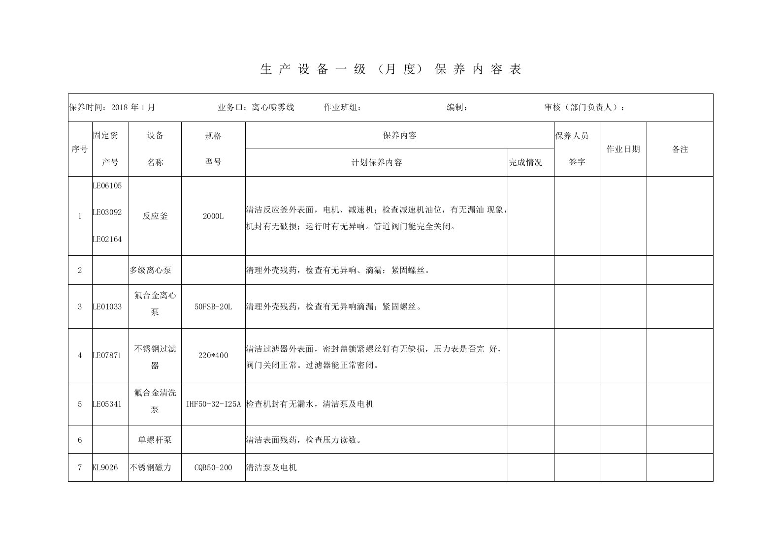 一级保养计划表