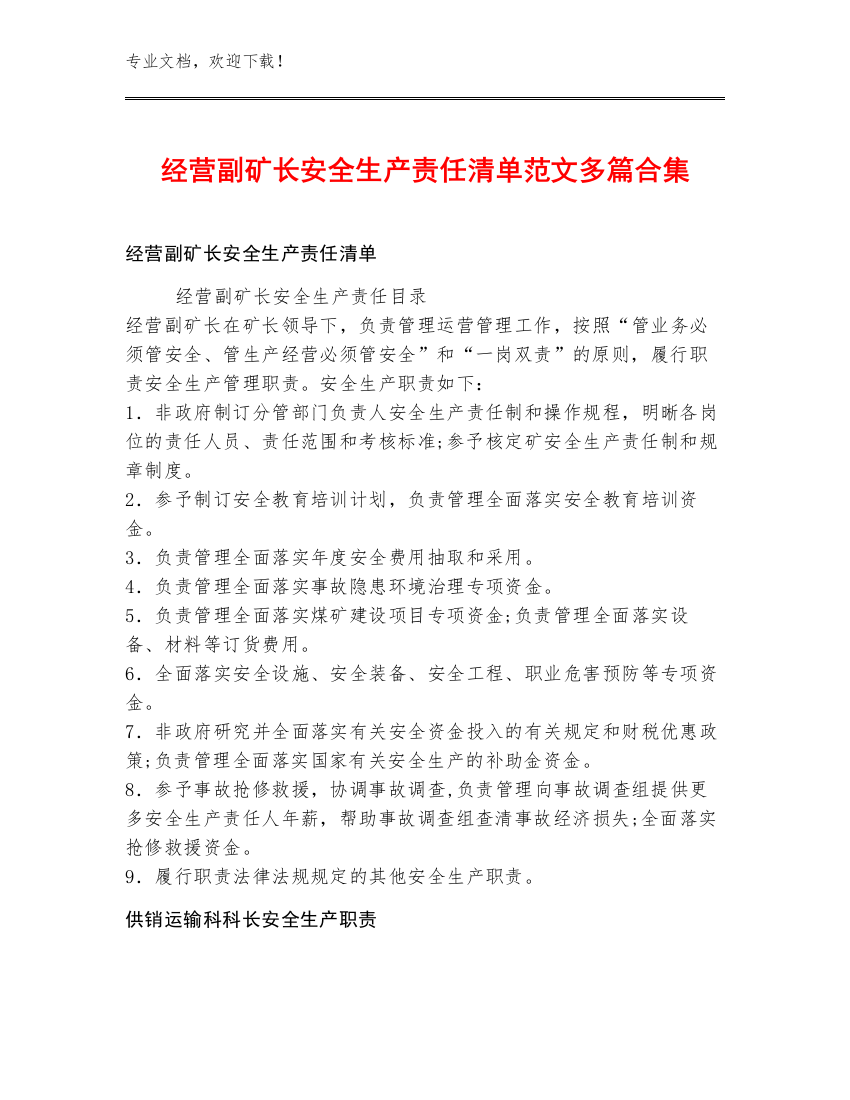 经营副矿长安全生产责任清单范文多篇合集