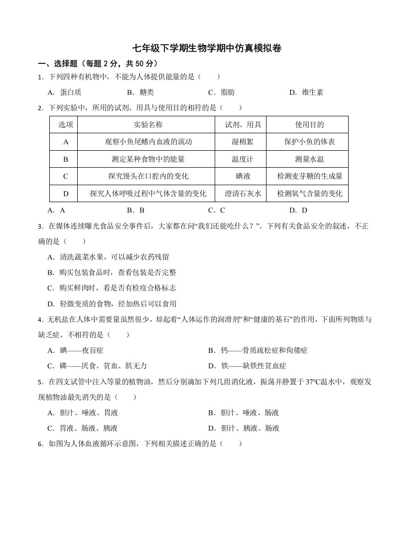 2024年北师大版七年级下学期生物学期中试卷附答案