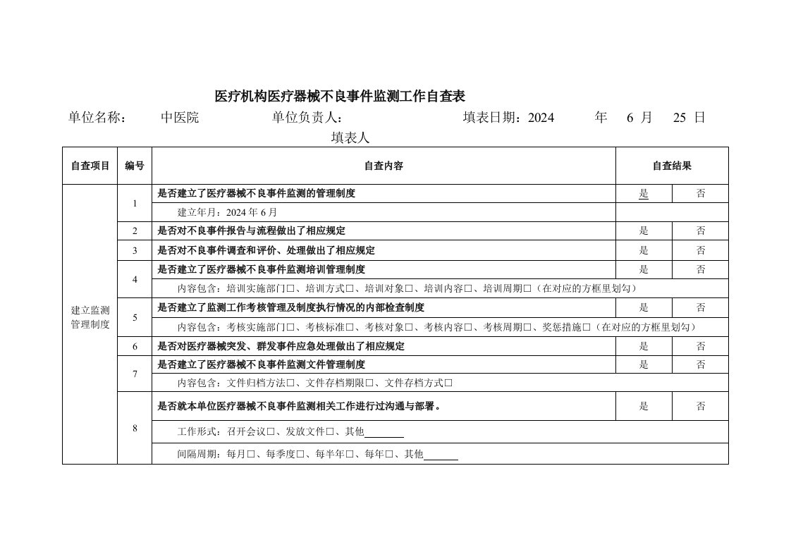 医院医疗机构医疗器械不良事件监测工作自查表