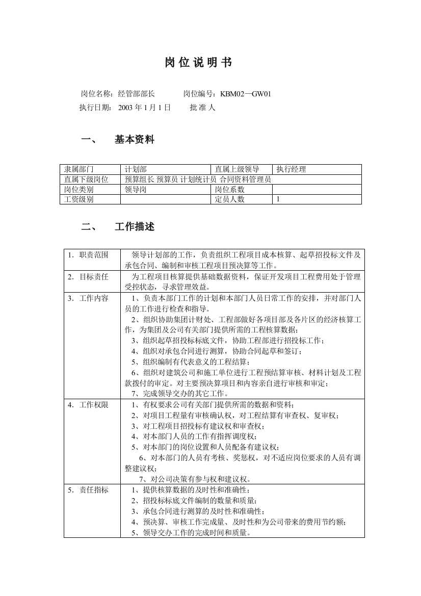 房地产公司经管部部长岗位说明书模版