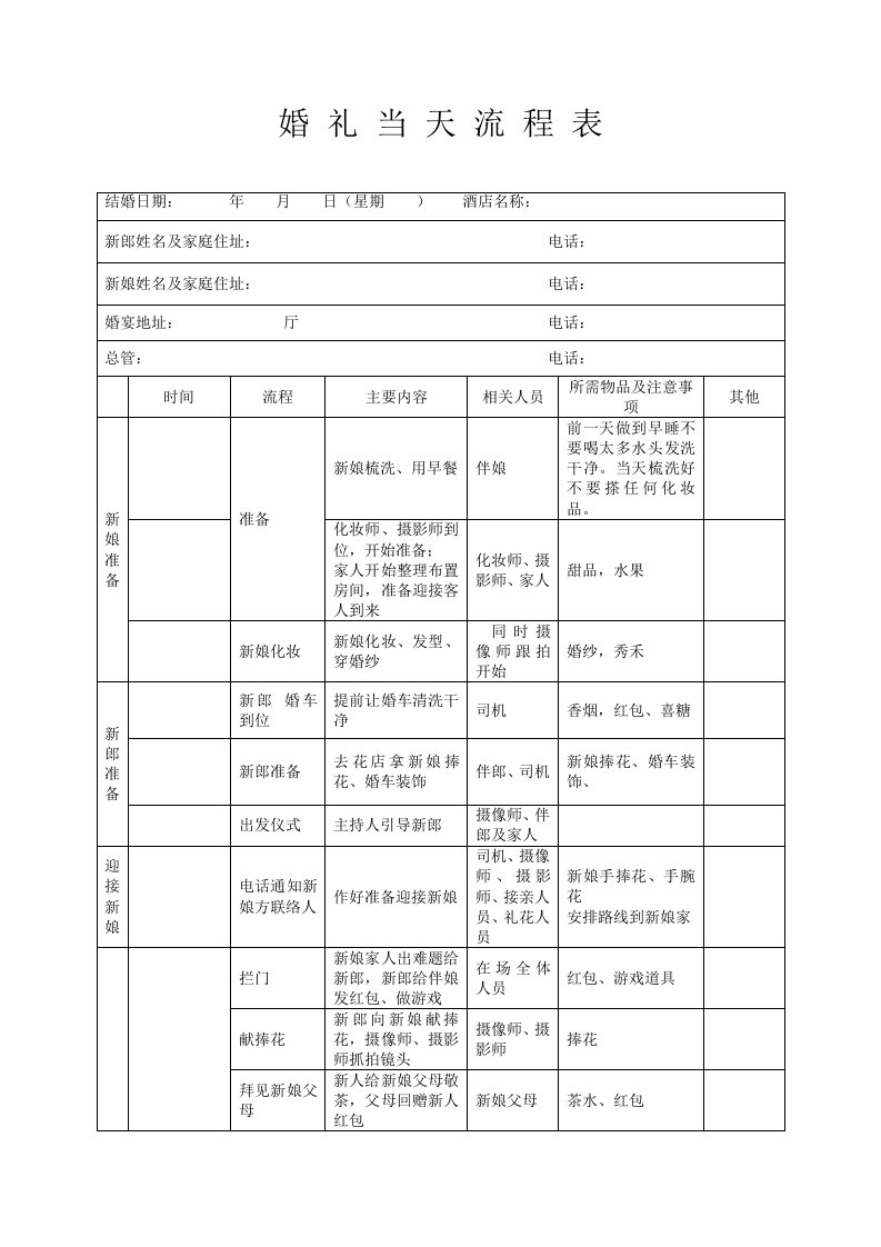 最新最全婚礼当天流程表(详细版)