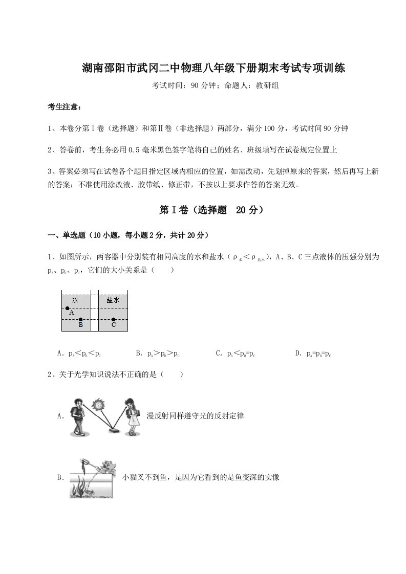 第二次月考滚动检测卷-湖南邵阳市武冈二中物理八年级下册期末考试专项训练试卷（含答案详解）